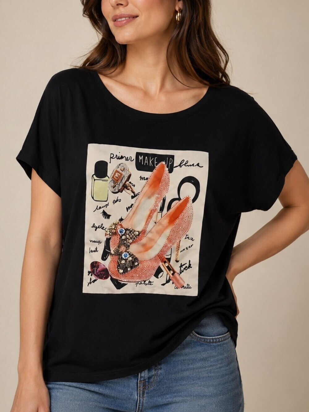Black Cosmetics Embellished Heels Graphic Tee One Size